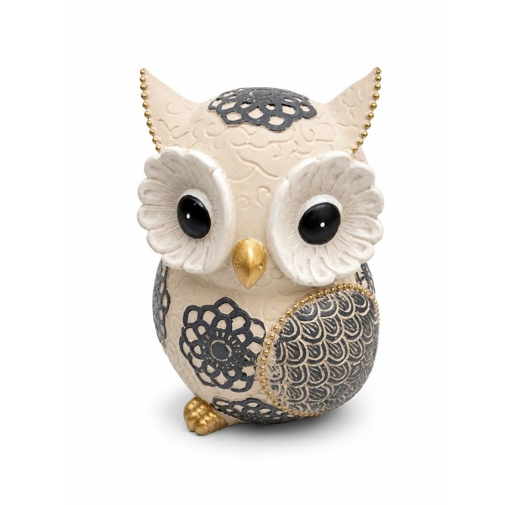 Modern Decorative Owl Figurine Set Cream Blue Gold Textured Boho Home Decor 2pc - Picture 2 of 4